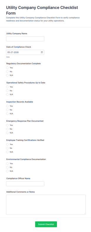 Utility Company Compliance Checklist Form Template