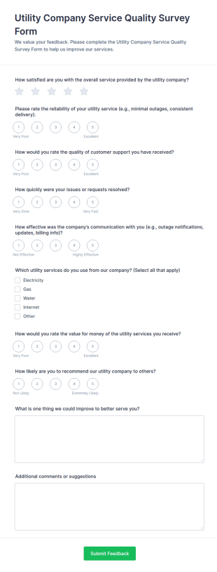 Utility Company Service Quality Survey Form Template