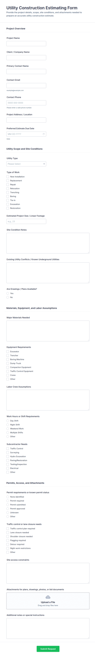 Utility Construction Estimating Form Template