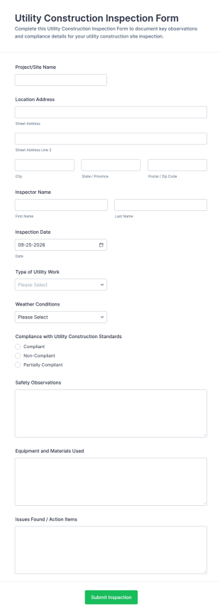 Utility Construction Inspection Form Template