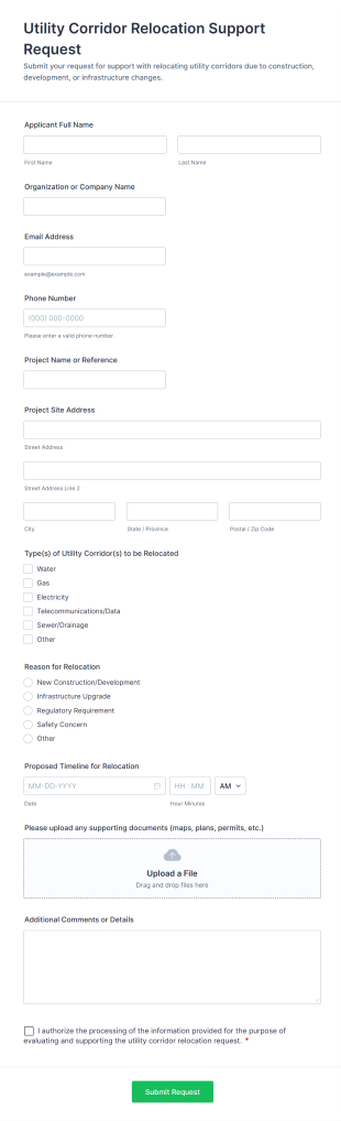 Utility Corridor Relocation Support Request Form Template