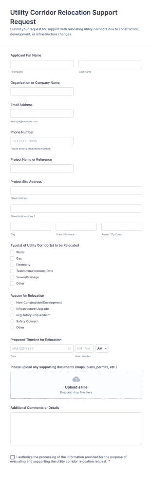 Utility Corridor Relocation Support Request Form Template