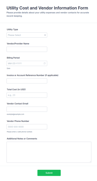 Utility Cost And Vendor Information Form Template