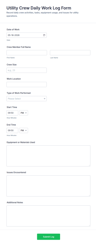 Utility Crew Daily Work Log Form Template