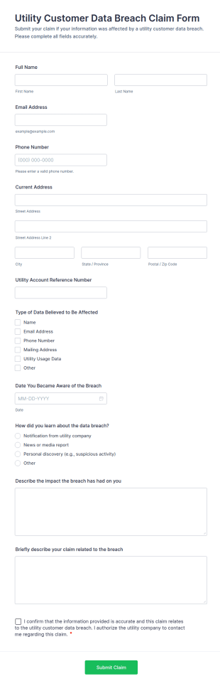 Utility Customer Data Breach Claim Form Template