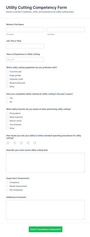 Utility Cutting Competency Form Template