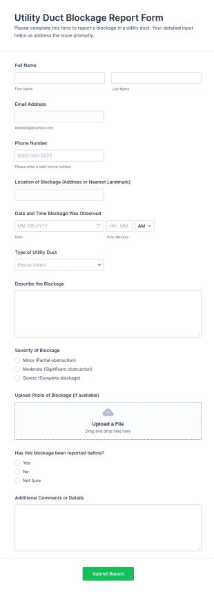 Utility Duct Blockage Report Form Template