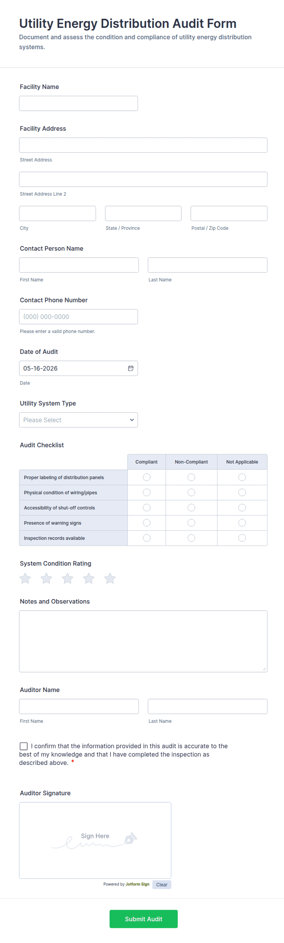 Utility Energy Distribution Audit Form Template | Jotform