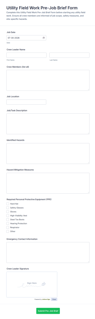 Utility Field Work Pre Job Brief Form Template
