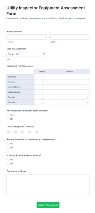 Utility Inspector Equipment Assessment Form Template