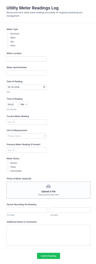 Utility Meter Readings Log Form Template