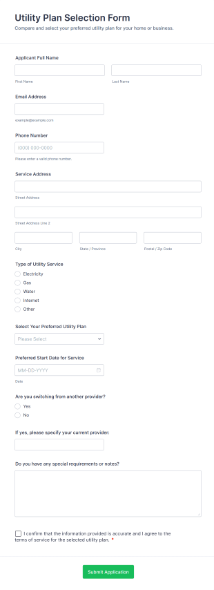 Utility Plan Selection Form Template