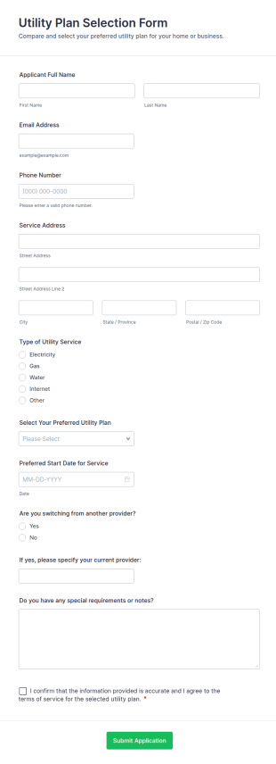 Utility Plan Selection Form Template