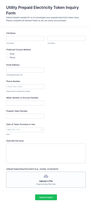 Utility Prepaid Electricity Token Inquiry Form Template
