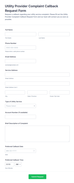 Utility Provider Complaint Callback Request Form Template