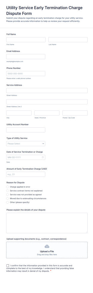 Utility Service Early Termination Charge Dispute Form Template
