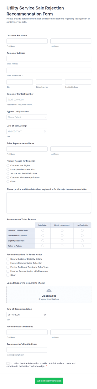 Utility Service Sale Rejection Recommendation Form Template