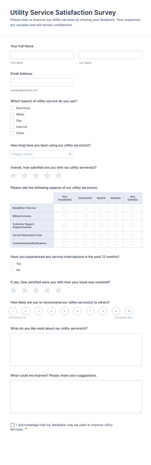 Utility Service Satisfaction Survey Form Template