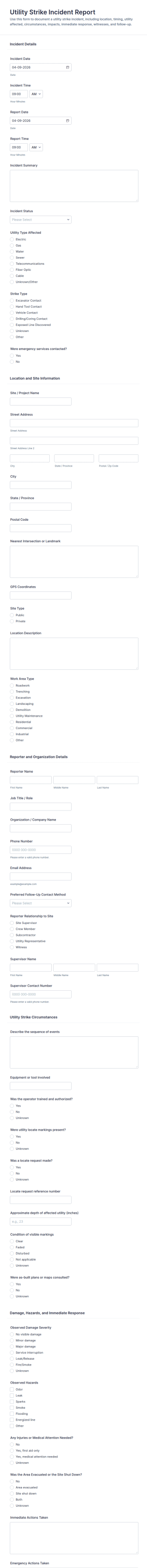Utility Strike Incident Report Form Template