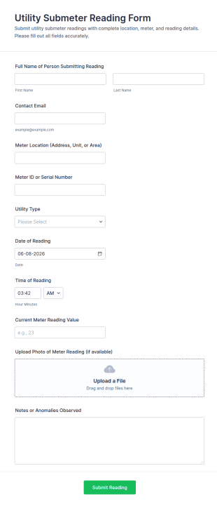 Utility Submeter Reading Form Template