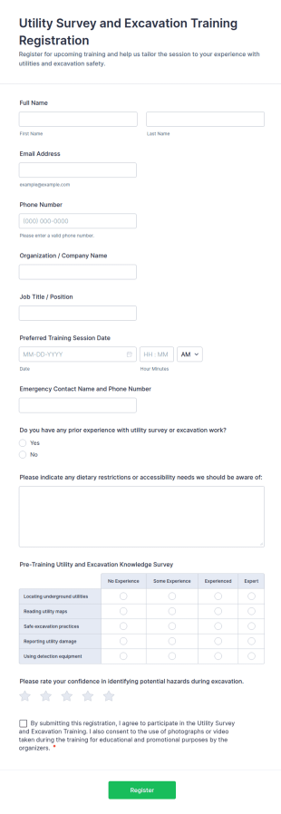 Utility Survey And Excavation Training Registration Form Template