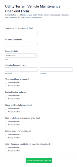 Utility Terrain Vehicle Maintenance Checklist Form Template