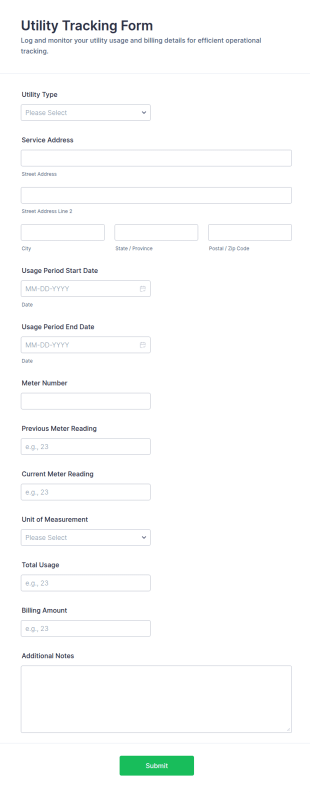 Utility Tracking Form Template