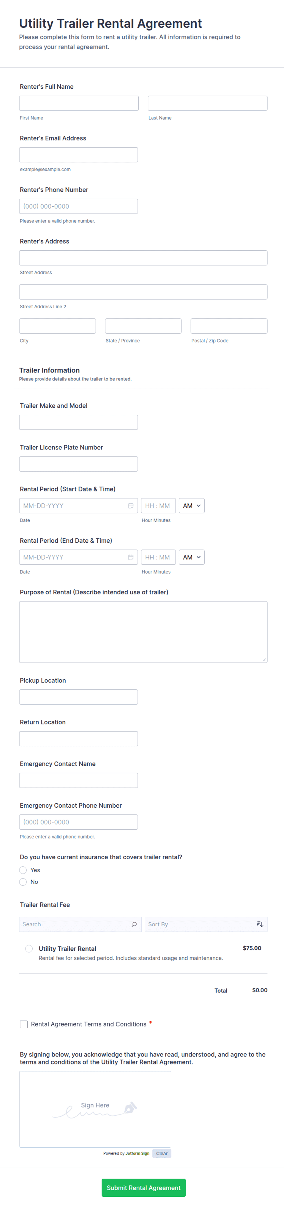 Utility Trailer Rental Agreement Form Template | Jotform
