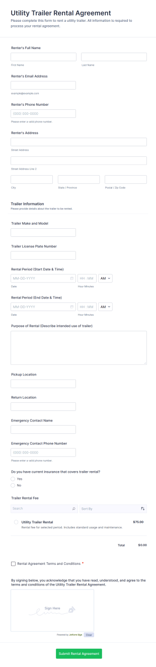 Utility Trailer Rental Agreement Form Template