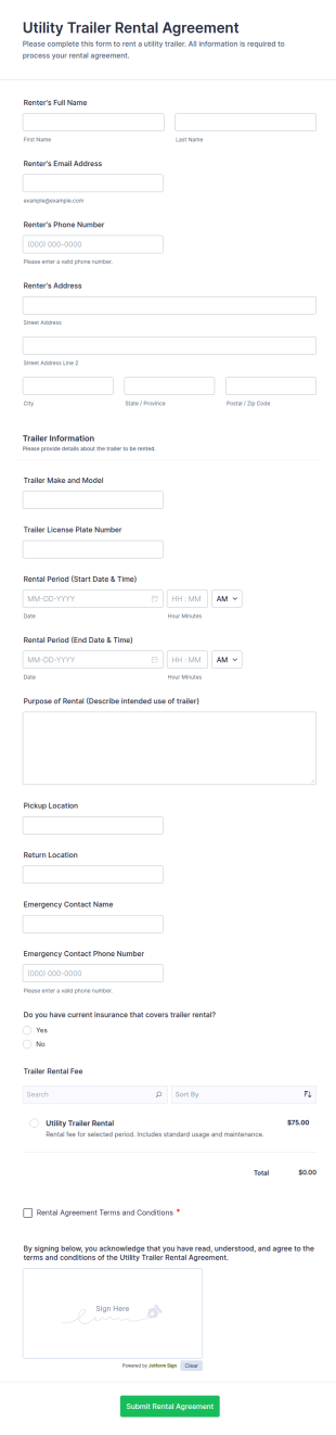 Utility Trailer Rental Agreement Form Template