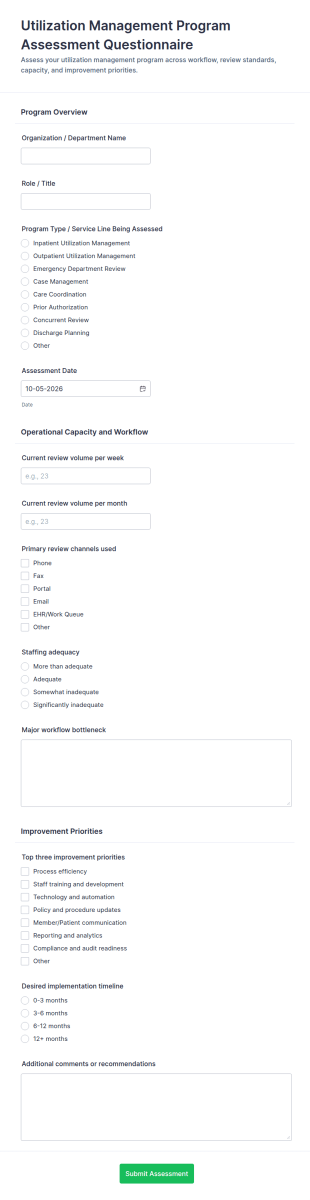 Utilization Management Program Assessment Questionnaire Form Template