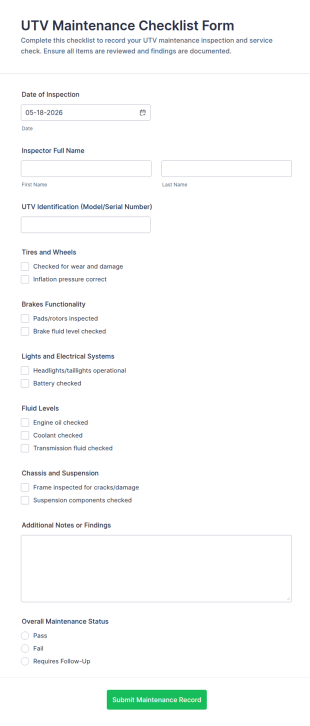 UTV Maintenance Checklist Form Template