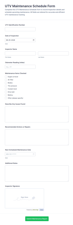 UTV Maintenance Schedule Checklist Form Template