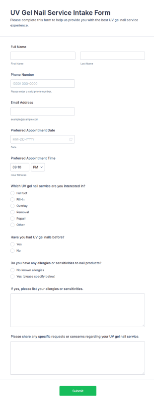 UV Gel Nail Service Intake Form Template