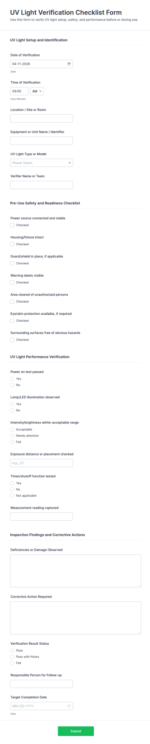 UV Light Verification Checklist Form Template