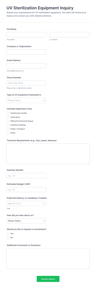 UV Sterilization Equipment Inquiry Form Template