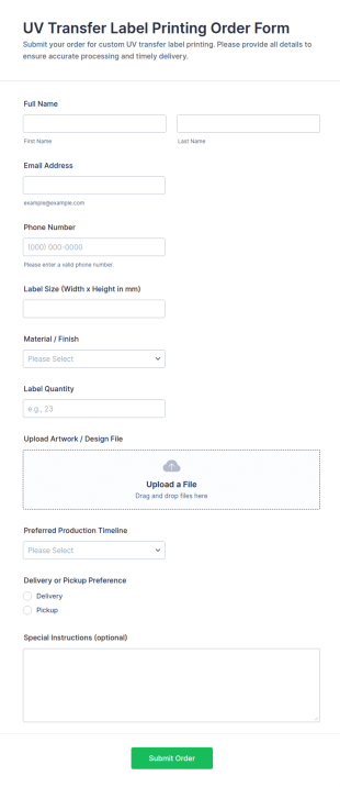 UV Transfer Label Printing Order Form Template