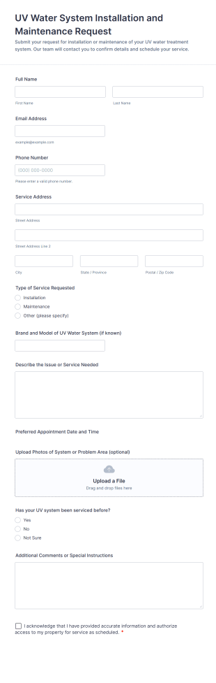 UV Water System Installation And Maintenance Request Form Template