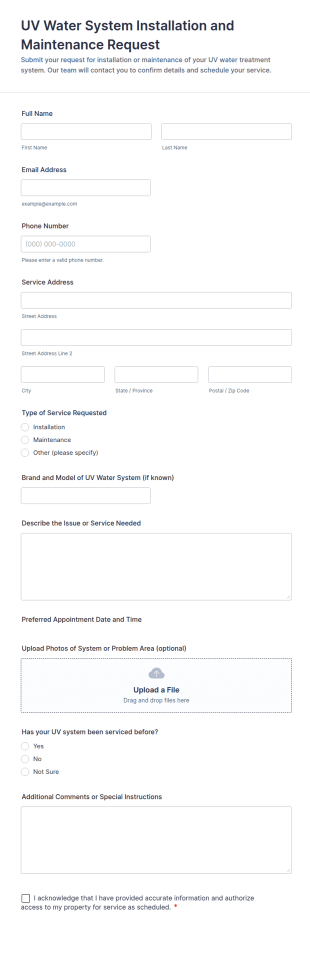 UV Water System Installation And Maintenance Request Form Template