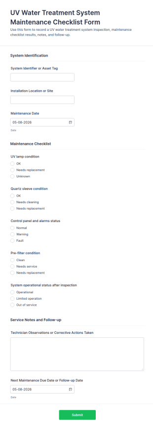 UV Water Treatment System Maintenance Checklist Form Template