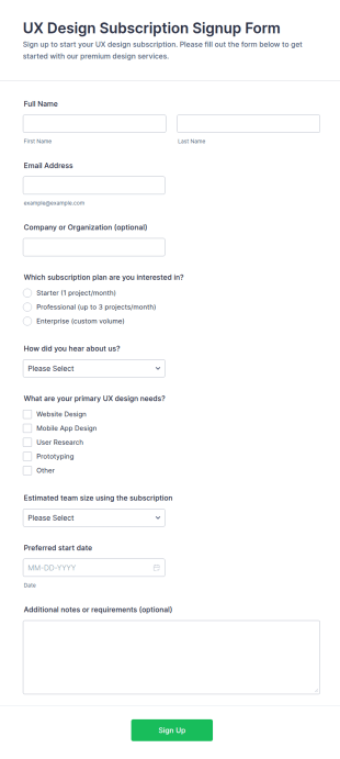 UX Design Subscription Signup Form Template