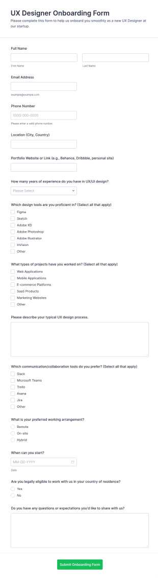 UX Designer Onboarding Form Template