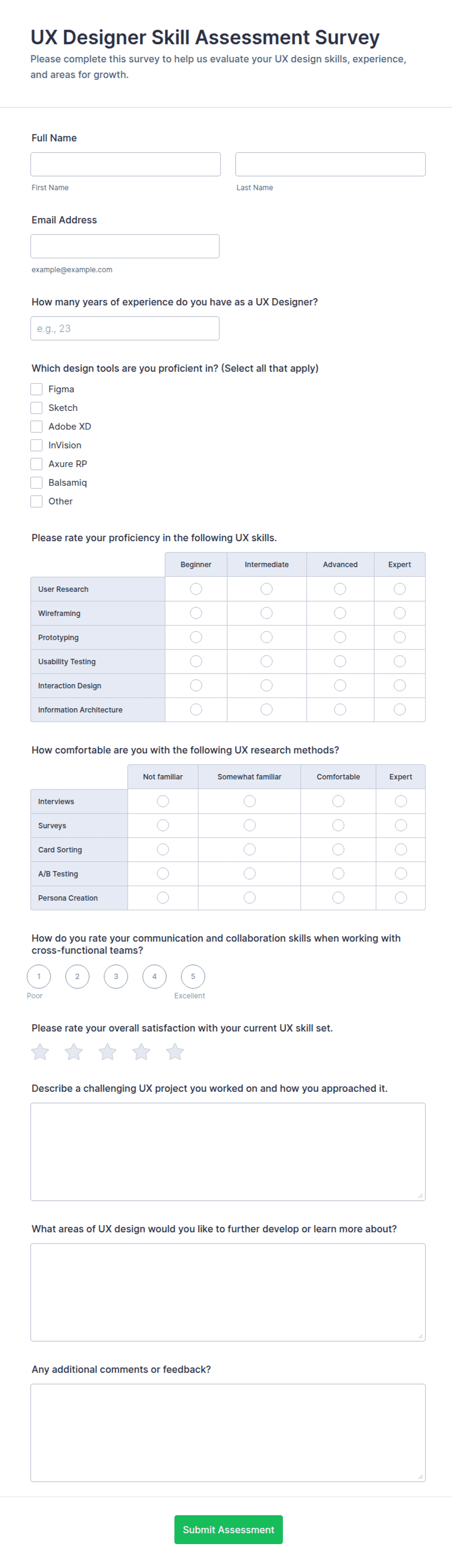 UX Designer Skill Assessment Survey Form Template | Jotform
