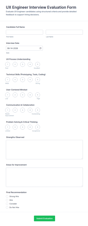 UX Engineer Interview Evaluation Form Template