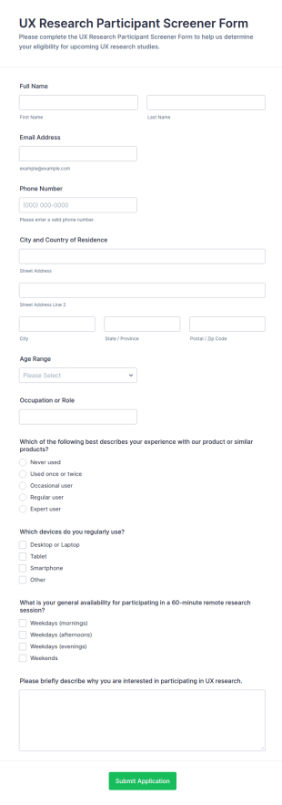 UX Research Participant Screener Form Template