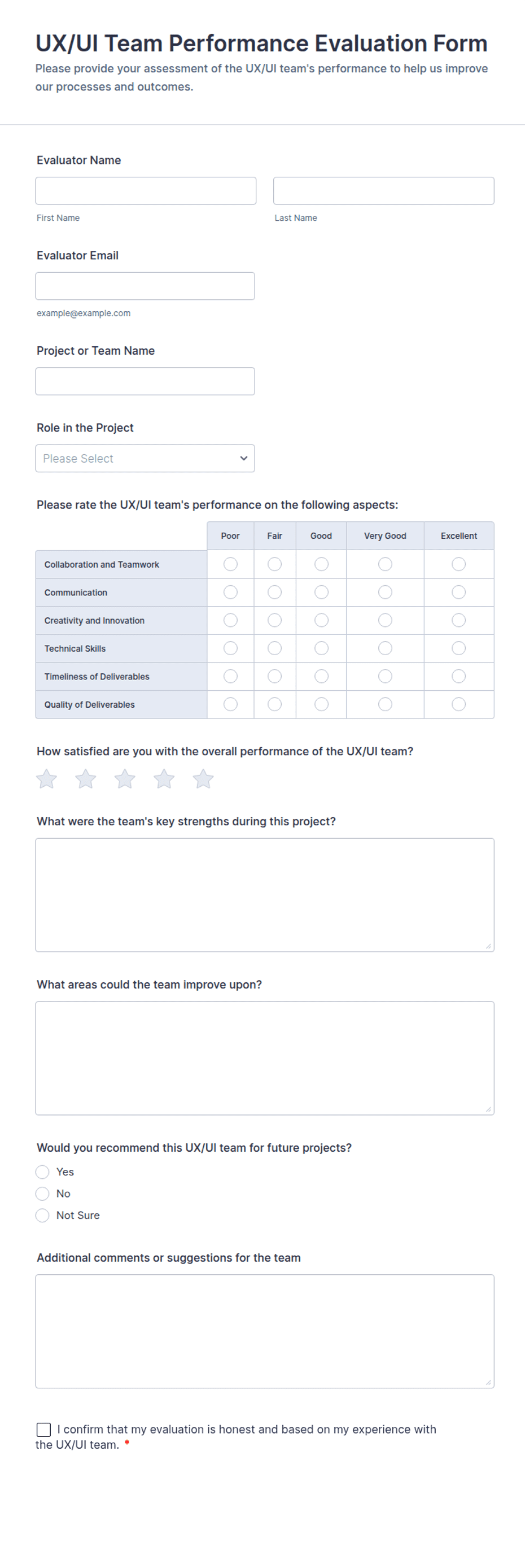 UX/UI Team Performance Evaluation Form Template | Jotform