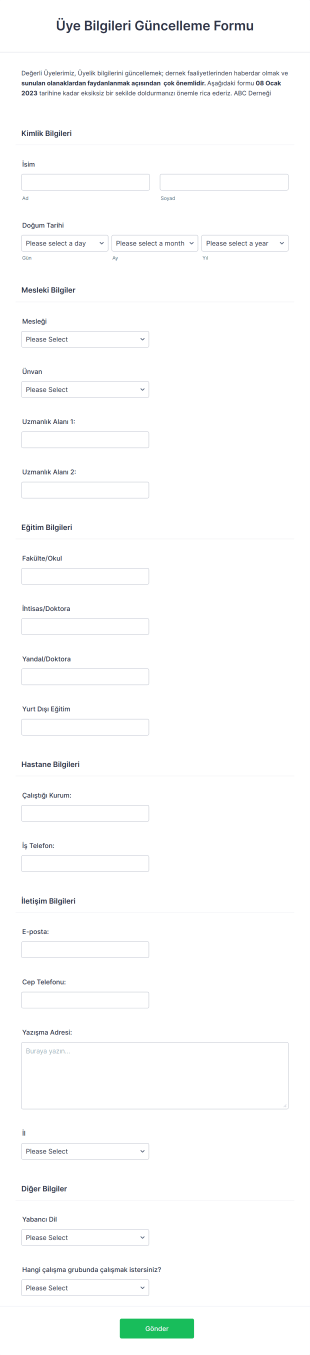 Üye Bilgileri Güncelleme Form Şablonu