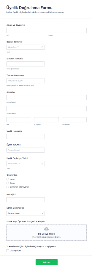 Üyelik Doğrulama Form Şablonu