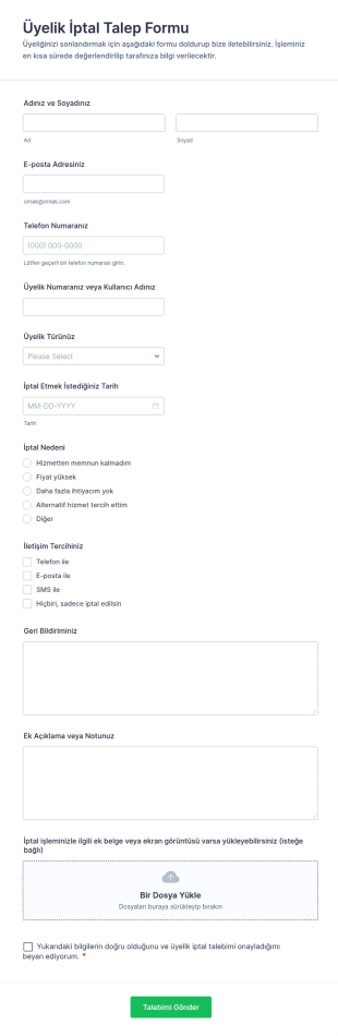 Üyelik İptal Talep Form Şablonu