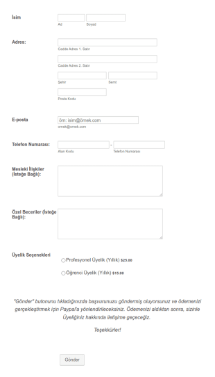 Üyelik Kaydı Alma Formu PayPal Form Şablonu